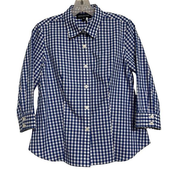 Jones New York Signature Button-Up Top Womens Medium Petite Blue & White Gingham - Picture 2 of 10